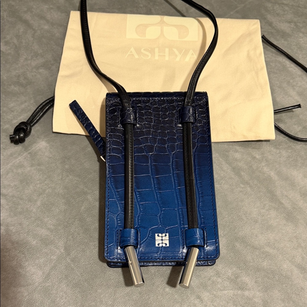 Blue Croc-Embossed Unisex Bolo Bag - Picture 3 of 14